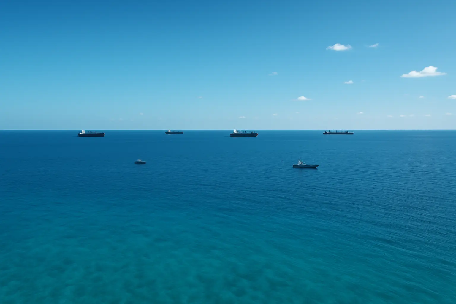 Deep blue ocean with cargo vessels during blue hour