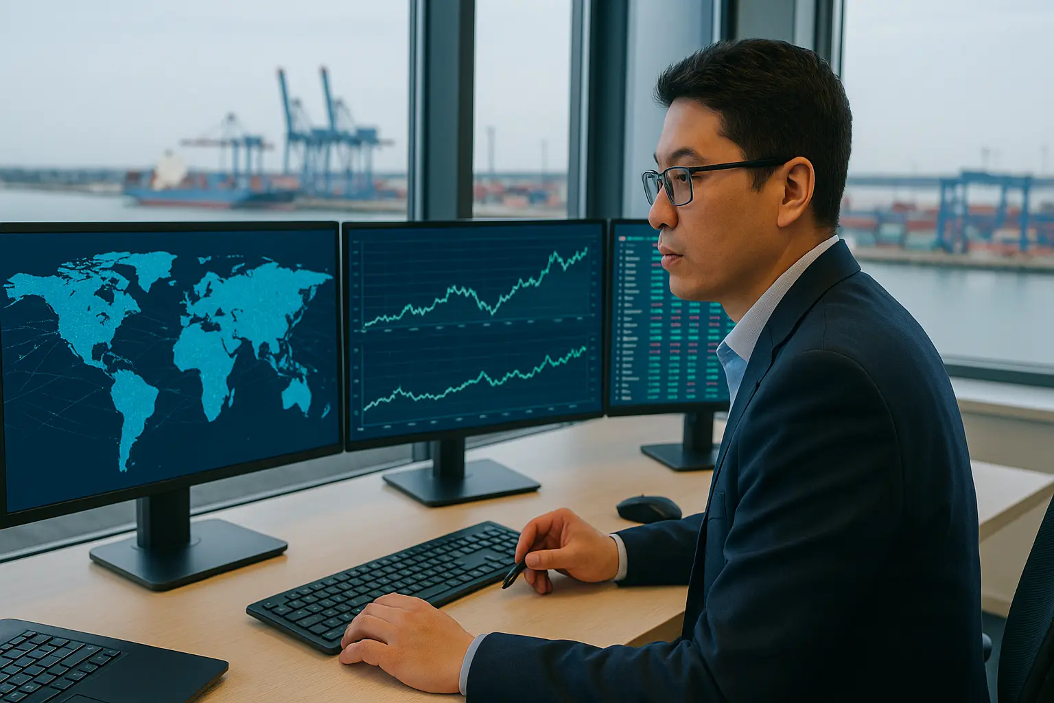 Maritime trading office with global shipping data